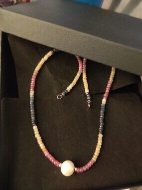 necklace sapphire pearl and solid gold 14 k clips